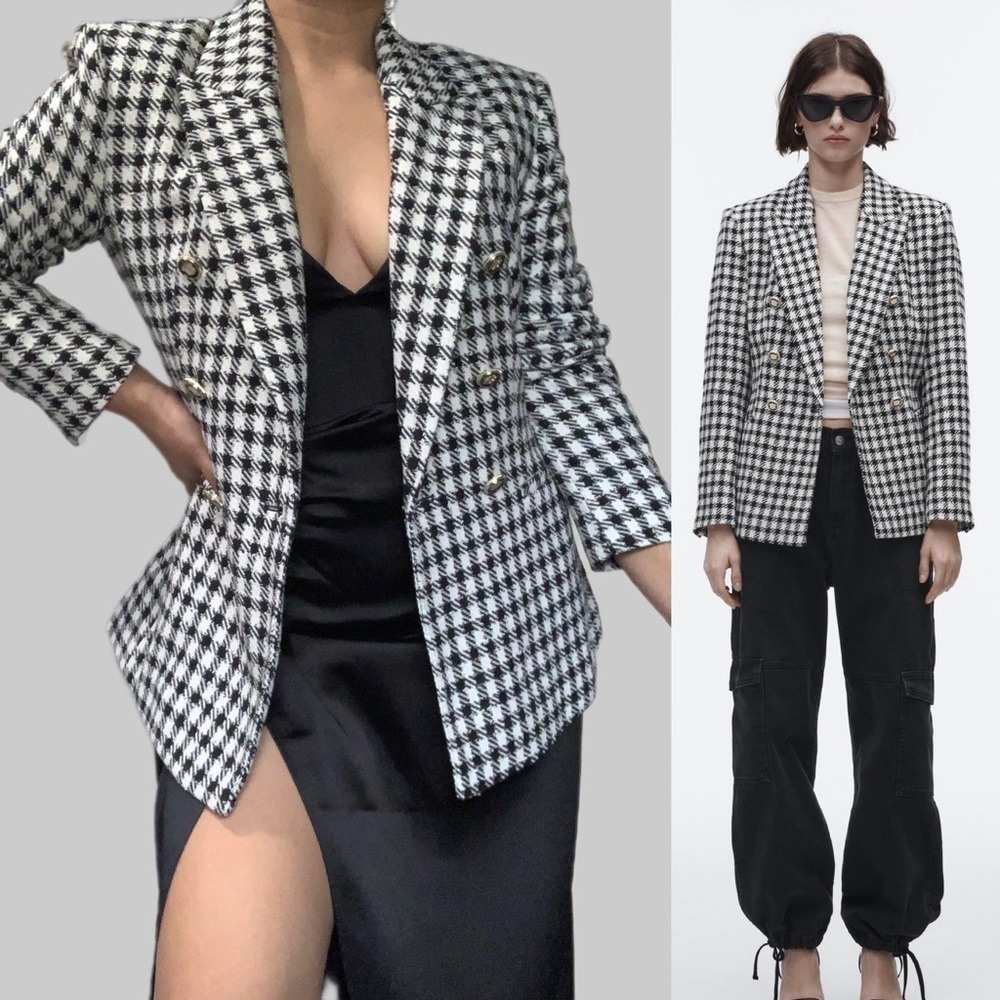 Zara New Ecru/Black Long Sleeve Lapel Collar Plaid Double Breasted Blazer Size S